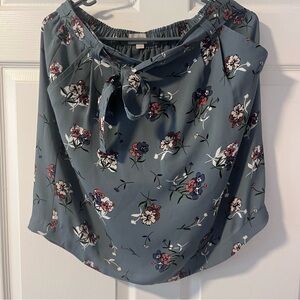 LOFT Blue Floral Top with Tie Neck